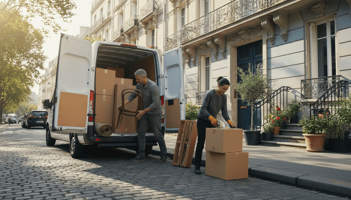 Two-person moving team loading furniture and boxes into a delivery van on an Argenteuil street